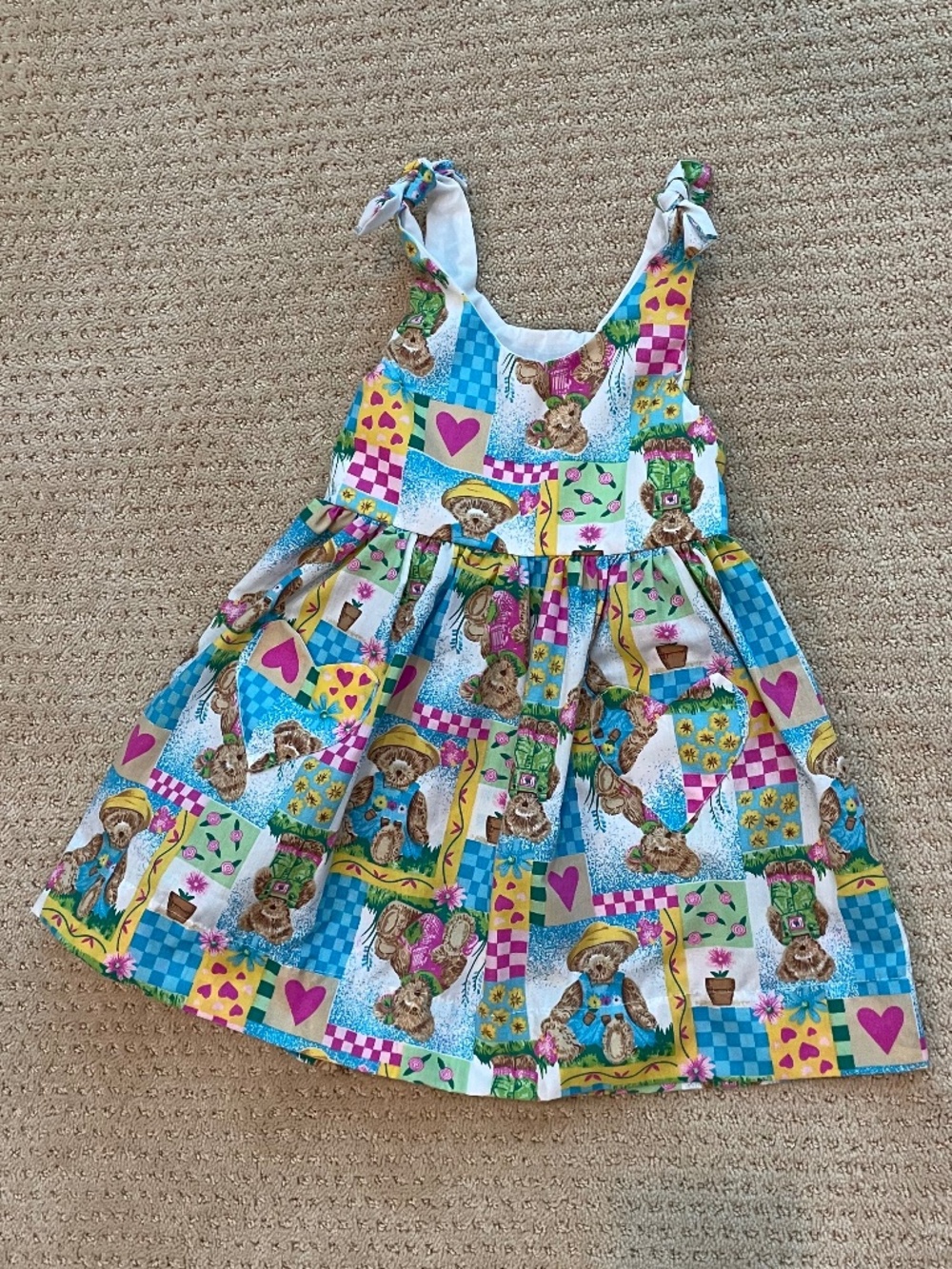 Handcrafted Grannie Annie Teddy Bear Patchwork Tie Strap Dress Sz S / 3T